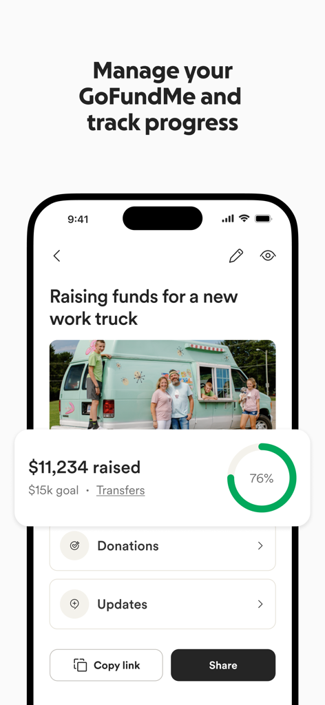 GoFundMe: Fundraise and Give - GoFundMe mobile app interface showing a fundraiser dashboard with a 76 percent progress ring for a new work truck campaign.