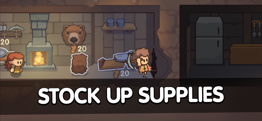 Stone Age Survival: Craft game - Escena del juego que muestra personajes minando y gestionando recursos dentro de un refugio primitivo con chimenea y trofeos en la pared.