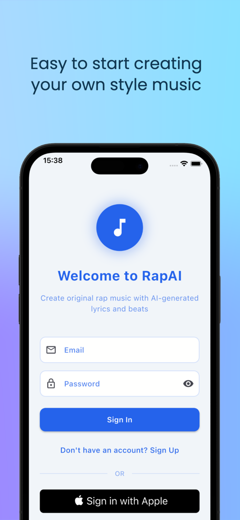 AI Rap Generator - RapAI - Schermata di benvenuto e accesso per l'app RapAI con opzioni di accesso tramite email e accesso con Apple.
