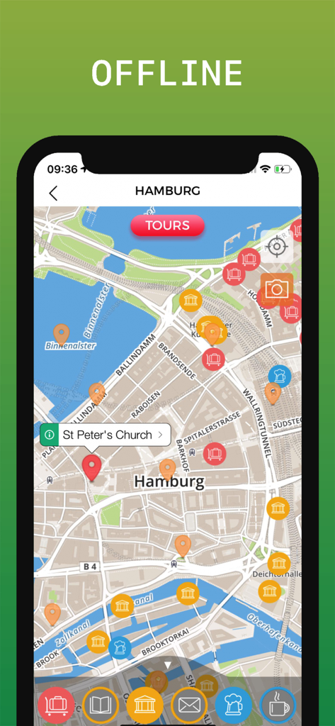 관광 명소 표시와 도시 명소가 있는 함부르크 여행 가이드 오프라인 지도