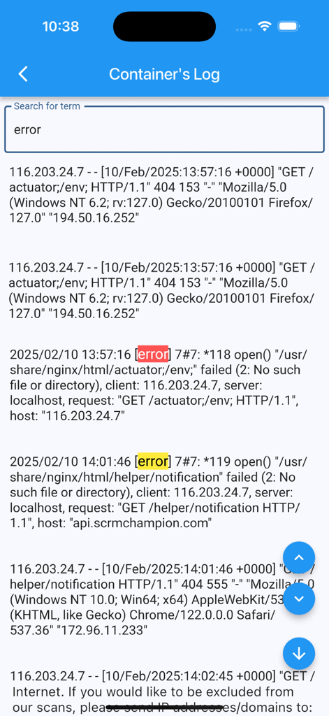Interface of the Docker Management app showing a container's log with highlighted error messages after a search for the word error.
