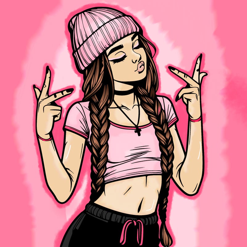 realistic teenage girl with braids and a beanie and crop top doing 🫶🏼