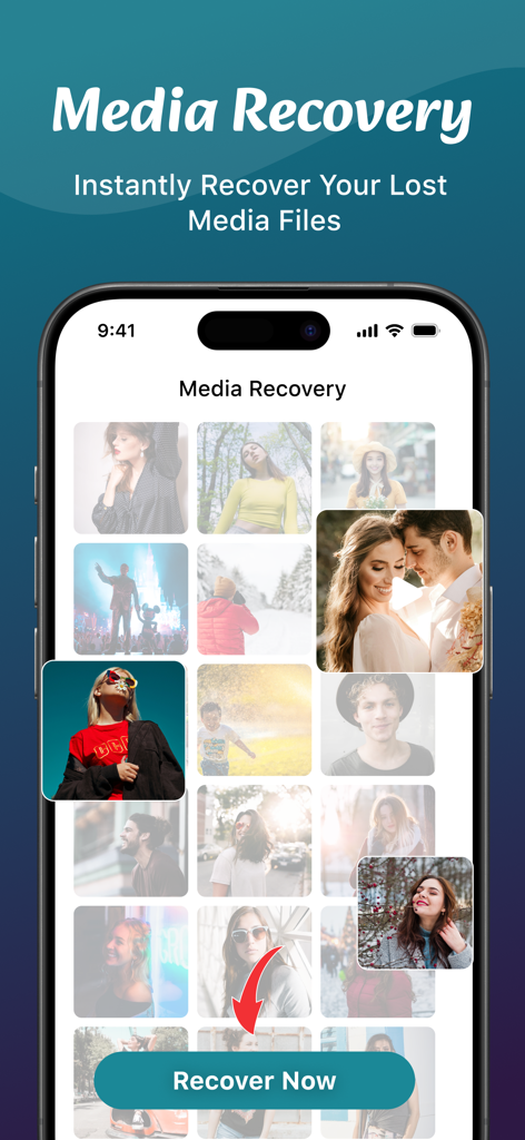 Pantalla de la aplicación Historial de Notificaciones que muestra la función de recuperación de medios con una cuadrícula de fotos y un botón de recuperar ahora