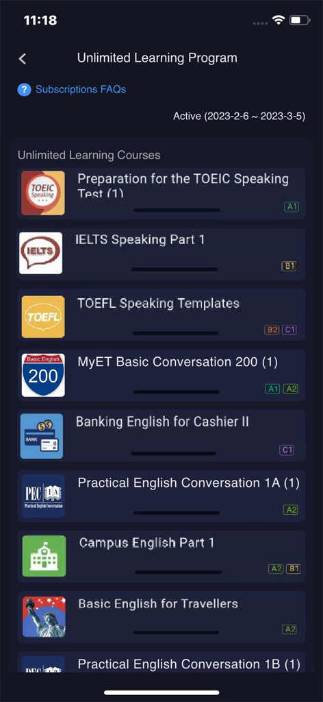 MyET app screen displaying a list of unlimited English learning courses including TOEFL and IELTS preparation