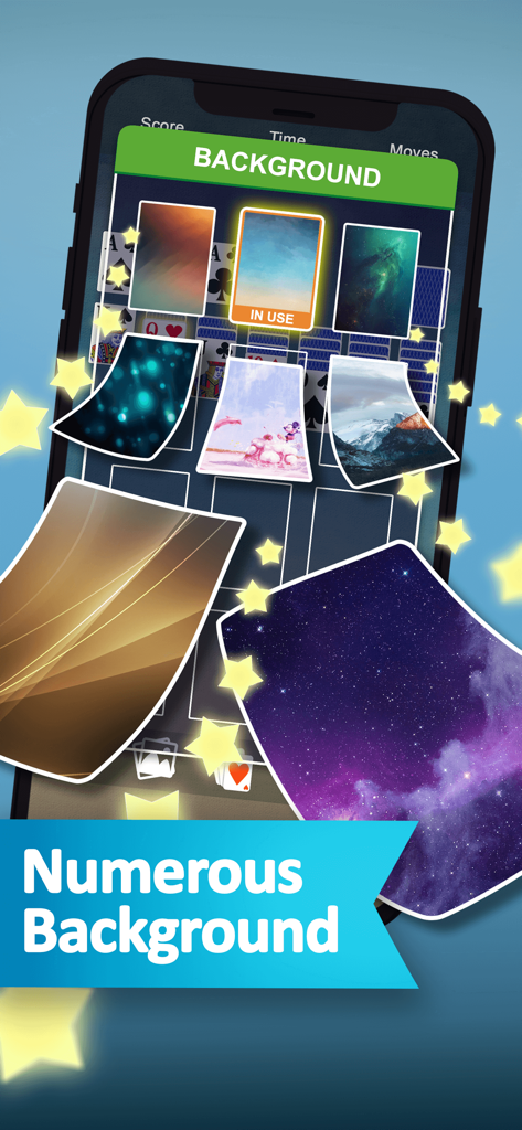 A menu in the Solitaire app showing different background themes like space landscapes and abstract patterns