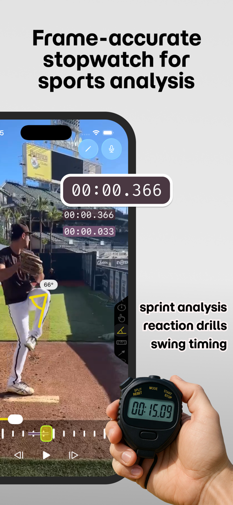 KineVision -  Video Coaching - KineVision app interface featuring frame-accurate stopwatch and biomechanical angle measurement for baseball coaching.
