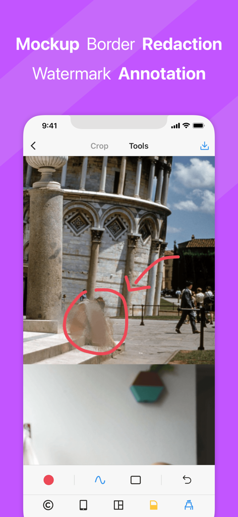Picsew app interface showing photo redaction and annotation tools for blurring sensitive information