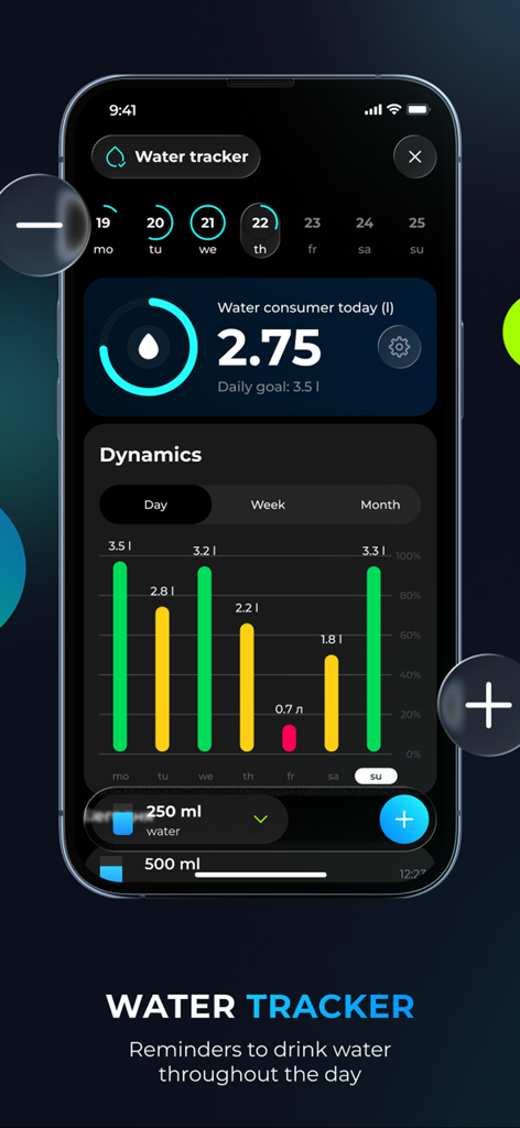 OU7 Training: Workout + AI - OU7 Training app water tracker interface showing daily hydration progress and intake dynamics chart.