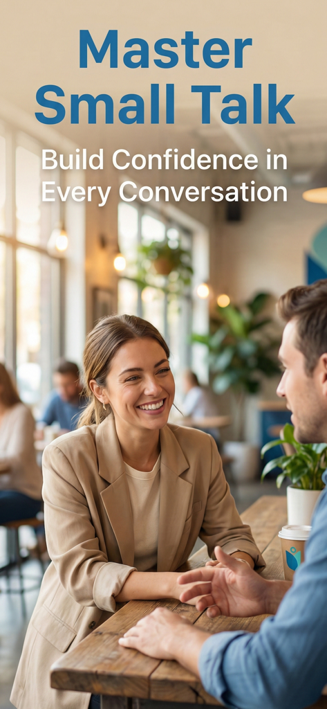 Small Talk Mastery - A smiling woman and a man talking in a cafe with text overlay Master Small Talk Build Confidence in Every Conversation