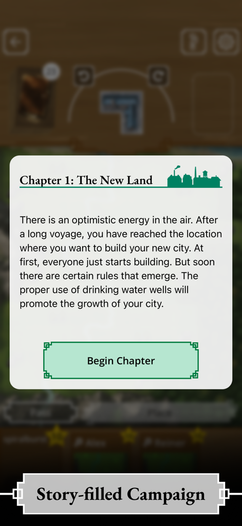 My City by Reiner Knizia - Intro screen for the story-filled campaign mode in the My City board game app.