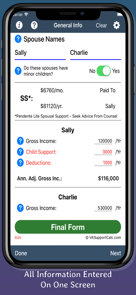 Virginia Spousal Support 2026 app interface showing income inputs and calculated support amounts for two spouses on one screen.