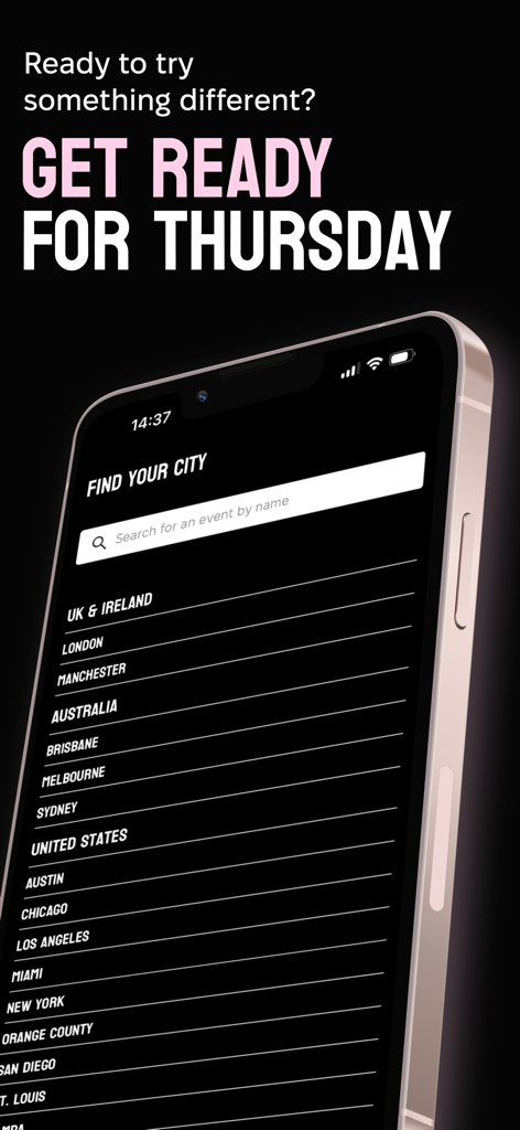 Donnerstags-Events-App-Oberfläche, die eine Liste globaler Städte zur Suche nach lokalen Single-Events anzeigt.