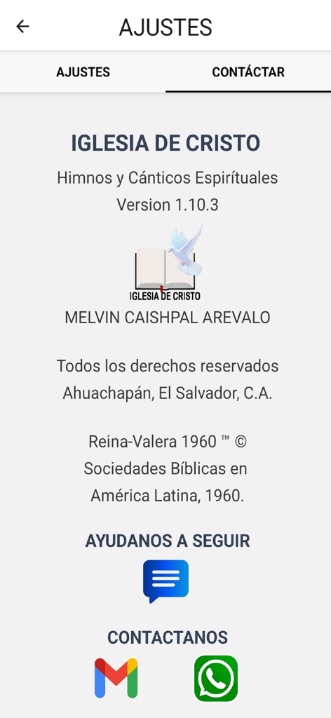 IGLESIA DE CRISTO HIMNARIO - Settings and contact screen of the Iglesia de Cristo Himnario app showing version information and contact icons