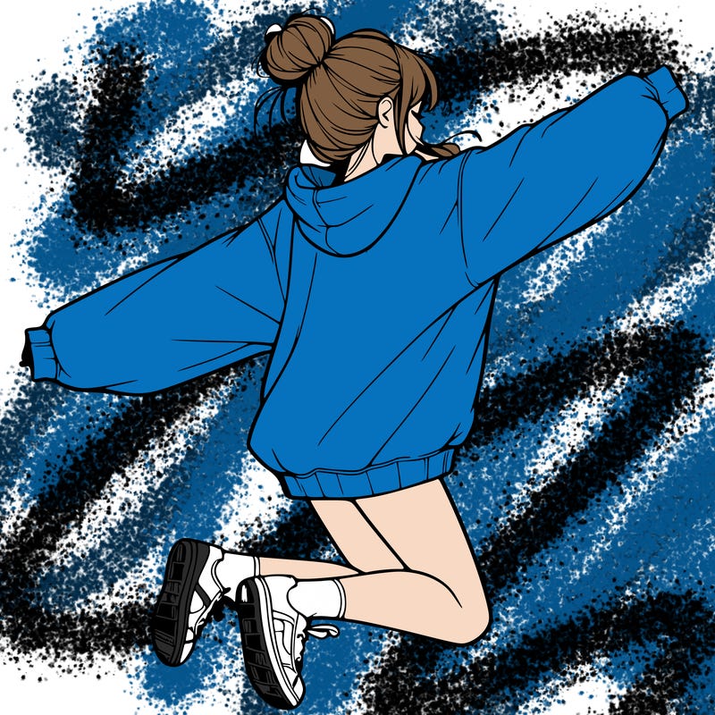 realistic girl jumping with a bun and oversized sweatshirt