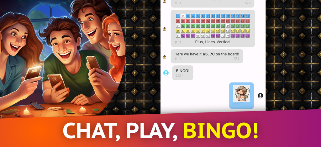 Un gruppo di amici sorride mentre gioca a una partita bingo social sui propri telefoni con un'interfaccia di chat che mostra una cartella bingo e adesivi