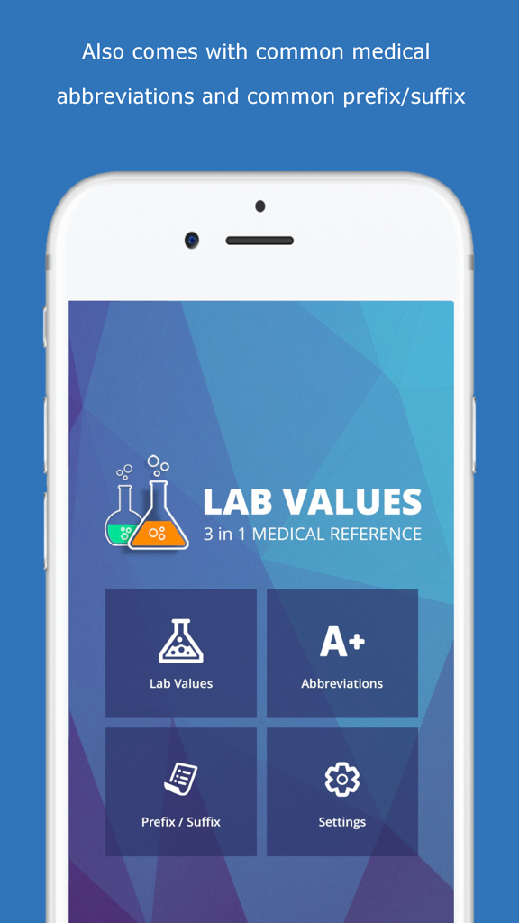 Lab Values Medical Reference - Tela inicial do aplicativo Valores de Laboratório Referência Médica em um iPhone mostrando o menu de referência médica 3 em 1