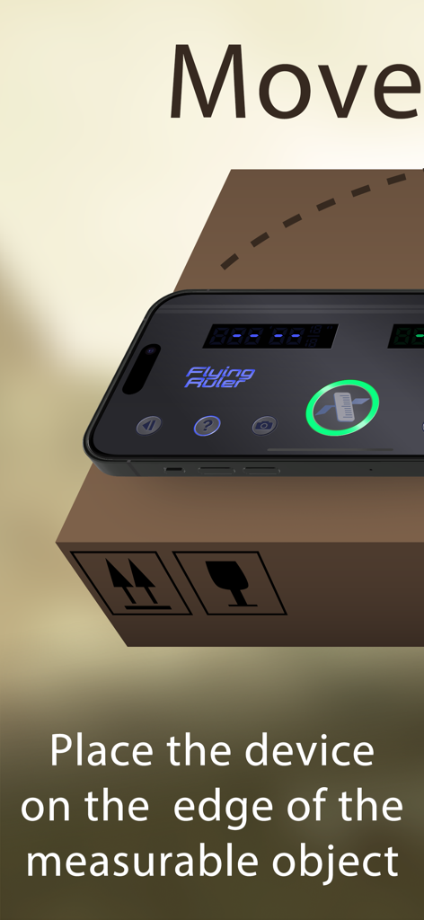 Flying Ruler: 3D Tape Measure - Un smartphone colocado sobre una caja para medir con la aplicación Flying Ruler