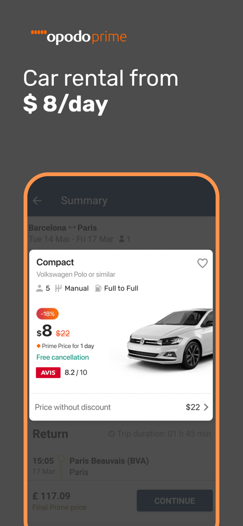 Opodo: Flights, hotels, cars - Pantalla de la aplicación móvil Opodo Prime que muestra una oferta de alquiler de coches por ocho dólares al día