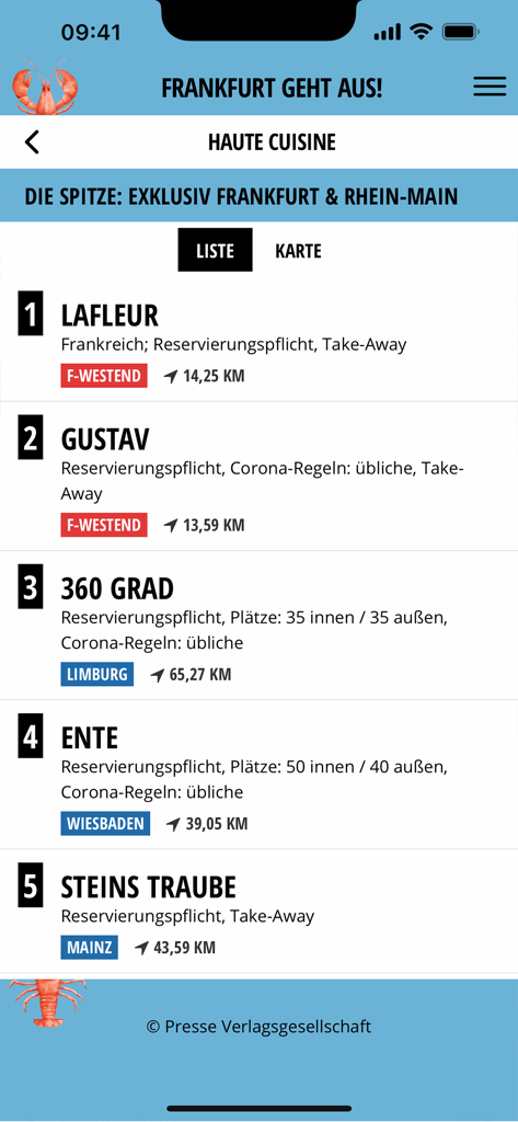 FRANKFURT GEHT AUS! - A ranked list of top haute cuisine restaurants in the Frankfurt and Rhine-Main region shown on the mobile app.