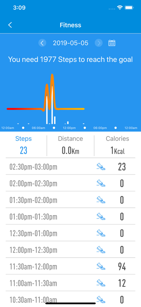 Interface de suivi de fitness de l'application H Band montrant le nombre de pas quotidiens et l'historique d'activité