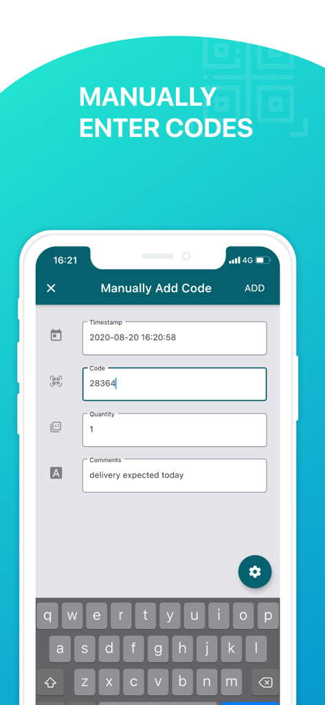 Interface of the Scan to Sheets app showing a form for manual entry of barcode data including timestamp, quantity, and comments.