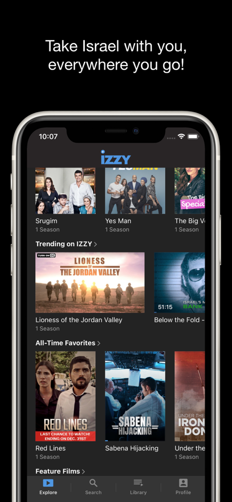 IZZY - Stream Israel - The IZZY mobile app home screen showcasing various Israeli movies and series