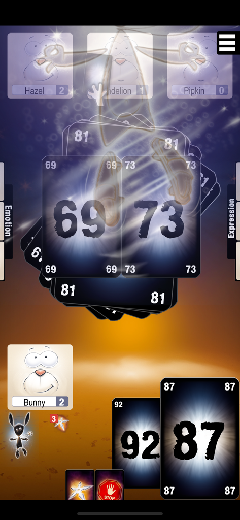 Pantalla de juego de The Mind que muestra cartas numeradas y avatares de jugadores en una sesión cooperativa de juego de mesa digital