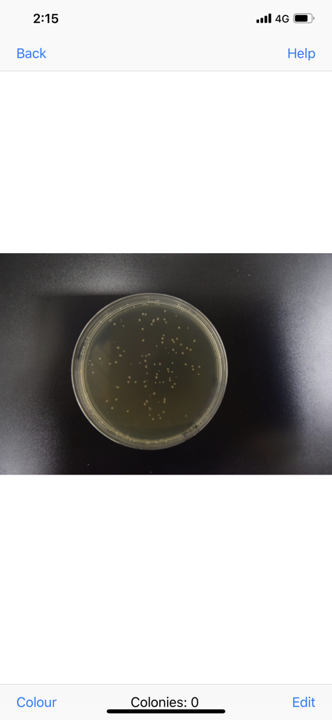 APD Colony Counter App Lite - APD Colony Counter App Benutzeroberfläche, die eine Petrischale mit Bakterienkolonien zur Analyse anzeigt