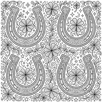 Embrace good fortune with this beautifully detailed coloring page featuring lucky horseshoes. Each design is adorned with intricate patterns, surrounded by symbols of prosperity like four-leaf clovers and twinkling stars.