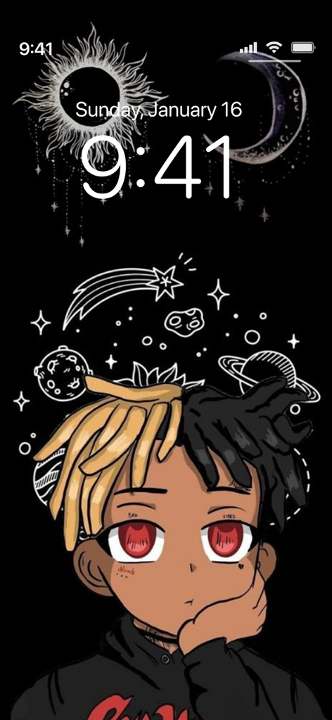 iPhone lock screen showing a cartoon rapper with split hair on a black space background