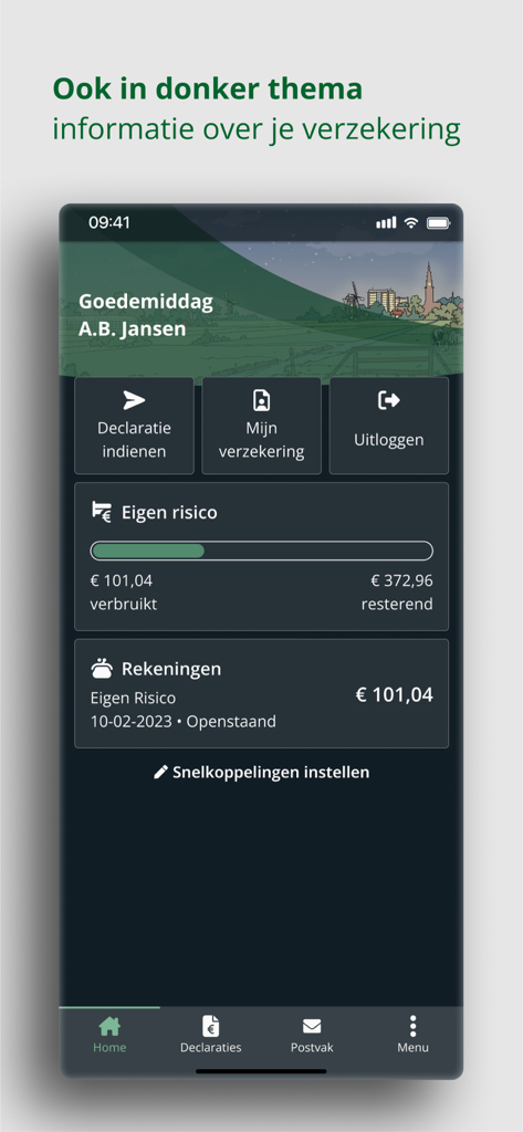 MijnDSW - MijnDSW mobile app dashboard in dark mode showing deductible status and insurance details