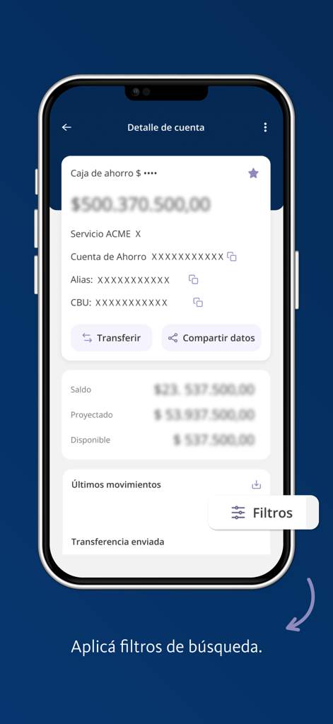 Interfaz de detalles de cuenta de la aplicación BNA+ Empresas que muestra información de saldo y filtros de transacciones