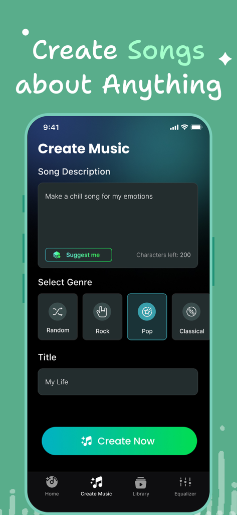Interface de criação de música com IA com descrição da música e seleção de gênero