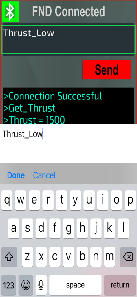 Interfaccia del monitor seriale dell'app Arduino Bluetooth Pro con input di comandi e log di dati