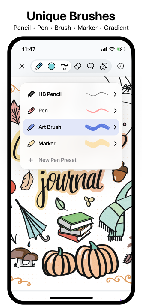 Element Note - A smartphone screen showing the brush selection menu in the Element Note app featuring pencil pen and art brush options over a digital journal page