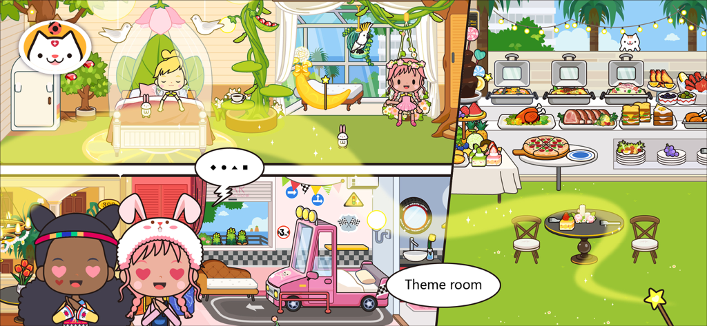 Collage von Spielszenen aus Miga Town My Vacation, die themenbezogene Schlafzimmer und ein Resort-Buffet zeigen
