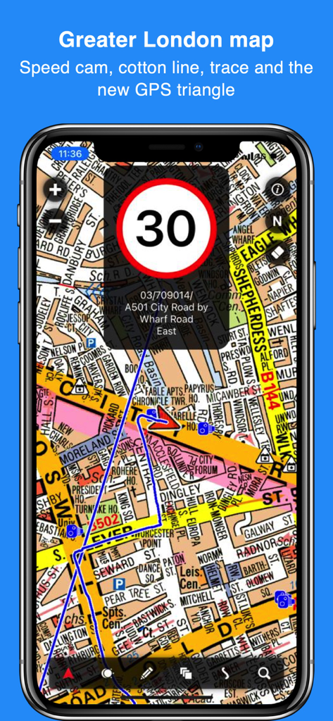 Cabbie's Mate - Cabbies Mate app showing a detailed London A-Z map with speed camera alert and cotton line route navigation