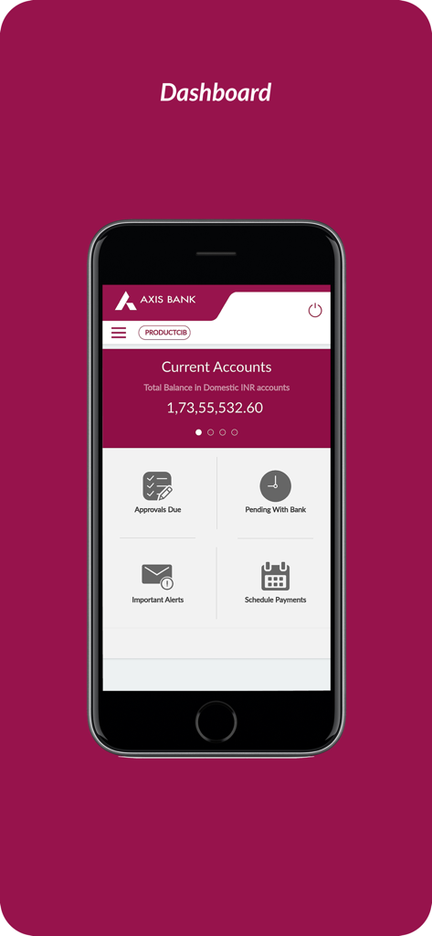 Axis Mobile - Corporate - Axis Mobile Corporate app dashboard displaying account balance and quick access icons for approvals and alerts