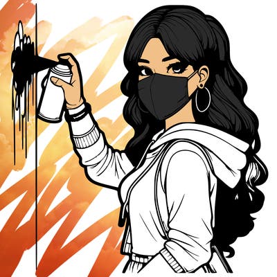 realistic girl with mask spray painting a wall