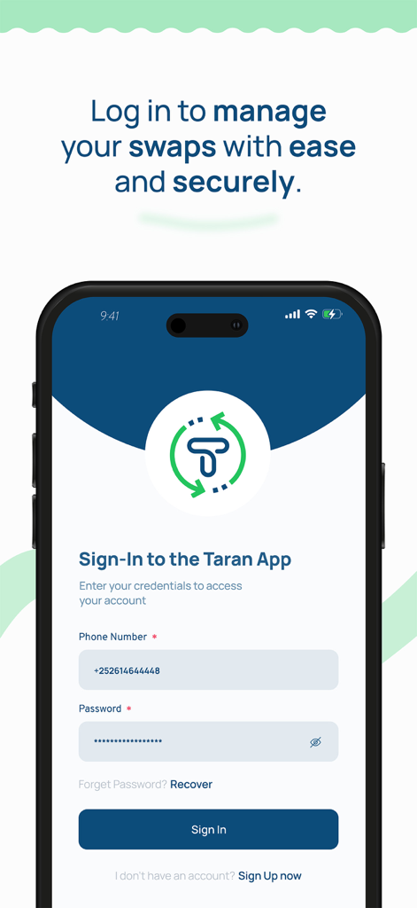 Taran App - Taran App secure sign in screen for managing currency swaps