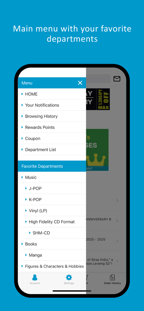 CDJapan App - Uno screenshot del menu laterale dell'app CDJapan che mostra le categorie di acquisto preferite come musica, manga e figure