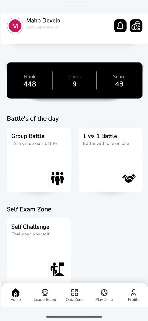 JomTajwid Quiz - Main dashboard of the JomTajwid Quiz app showing user rank, score, coins, and various quiz battle modes.