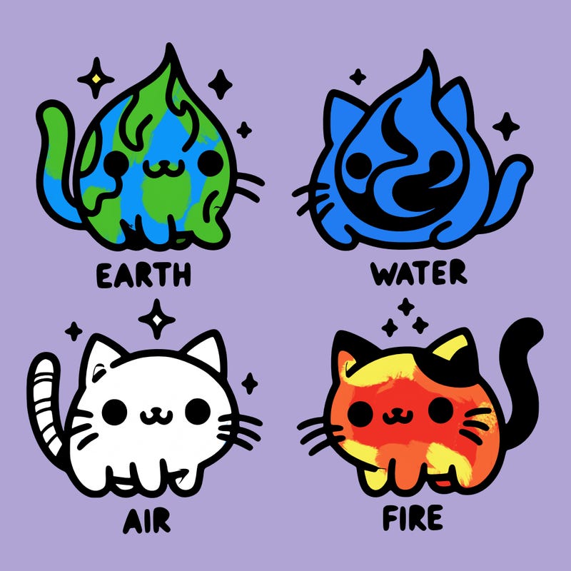 4 cats that represent the different elements, earth, water, air, and fire