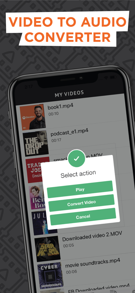 Video to Audio Converter App - Screenshot of the Video to Audio Converter app showing a video list and a selection menu with the option to convert video