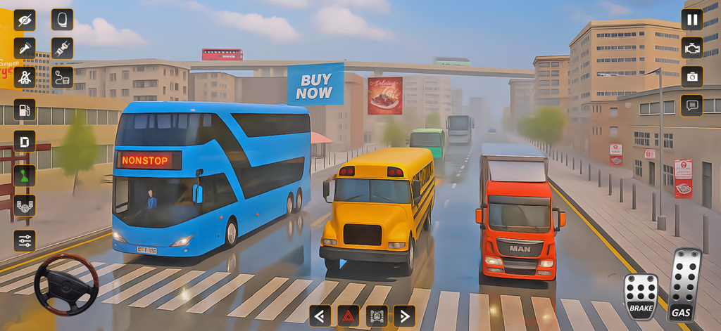 City Coach 3d Bus Driver Game - Un autobús de dos pisos azul y un autobús escolar amarillo circulando por una calle de la ciudad en un juego de simulador de conducción 3D con controles en pantalla.