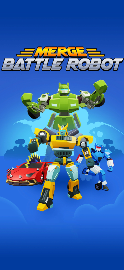 Merge Robot Master: Car Games - Title screen of Merge Battle Robot game showing several colorful 3D robots and a spiked red car on a blue background