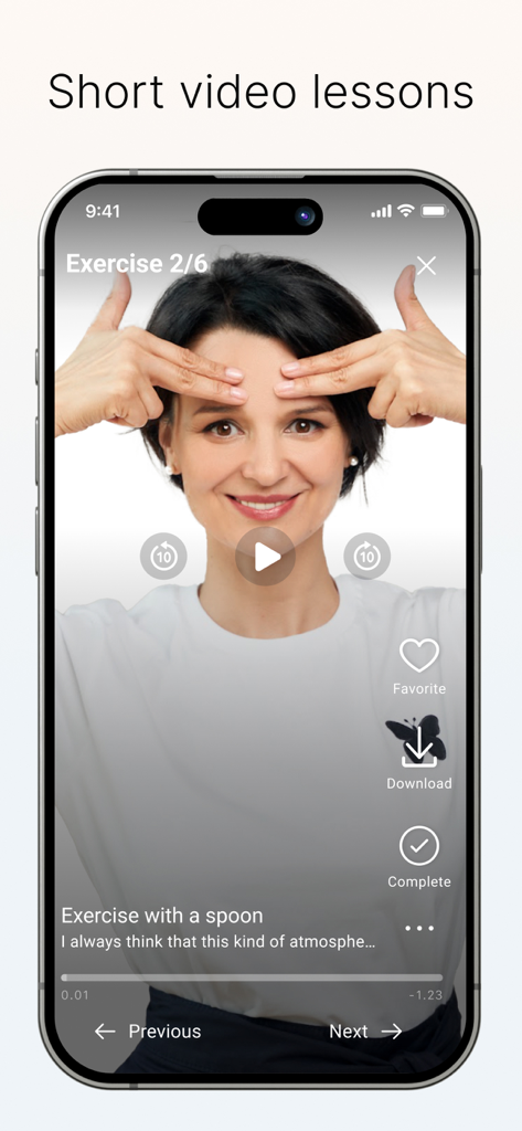 FaceTone: Face Fitness & Yoga - A woman demonstrating a face fitness exercise in a short video lesson within the FaceTone app.