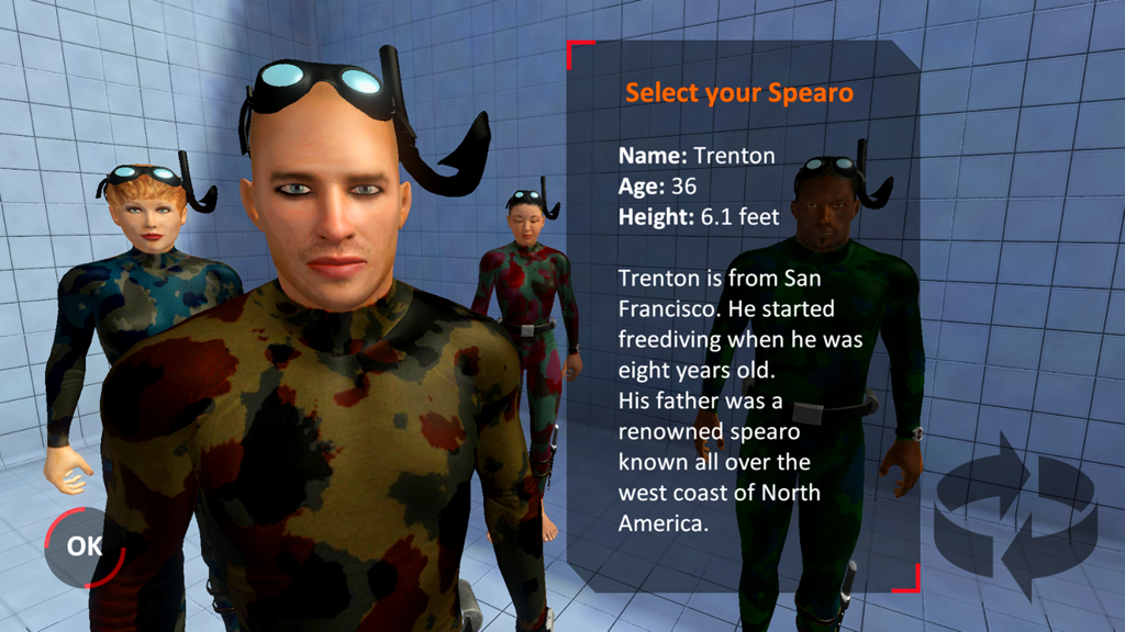 Pantalla de selección de personajes de spearo en Freediving Hunter Adrenaline mostrando diferentes perfiles de buceadores
