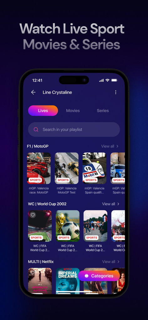IPTV Smarters Player PRO - Interfaz de la aplicación móvil IPTV Smarters Player PRO que muestra las categorías de deportes en vivo y películas