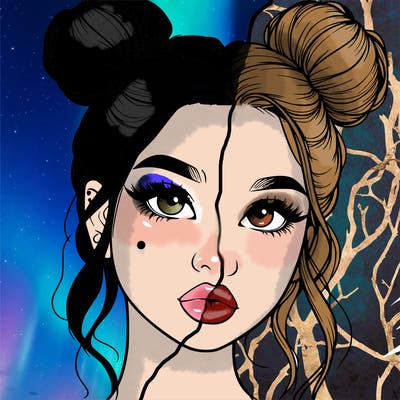 realistic girl with two buns on her hair and lips